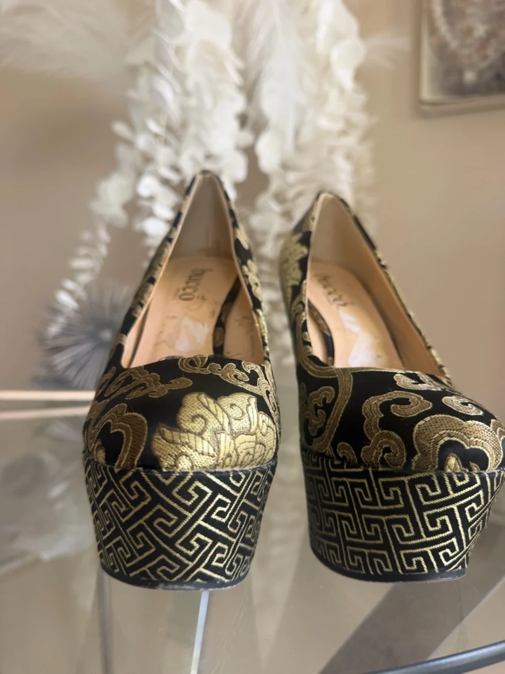 Vintage Black and Gold Brocade Wedge Pump